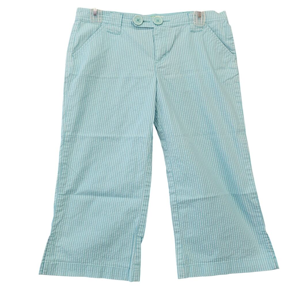 Split Light Blue White Striped Capri Pants Stretch Wide Leg Women Size 5 Juniors